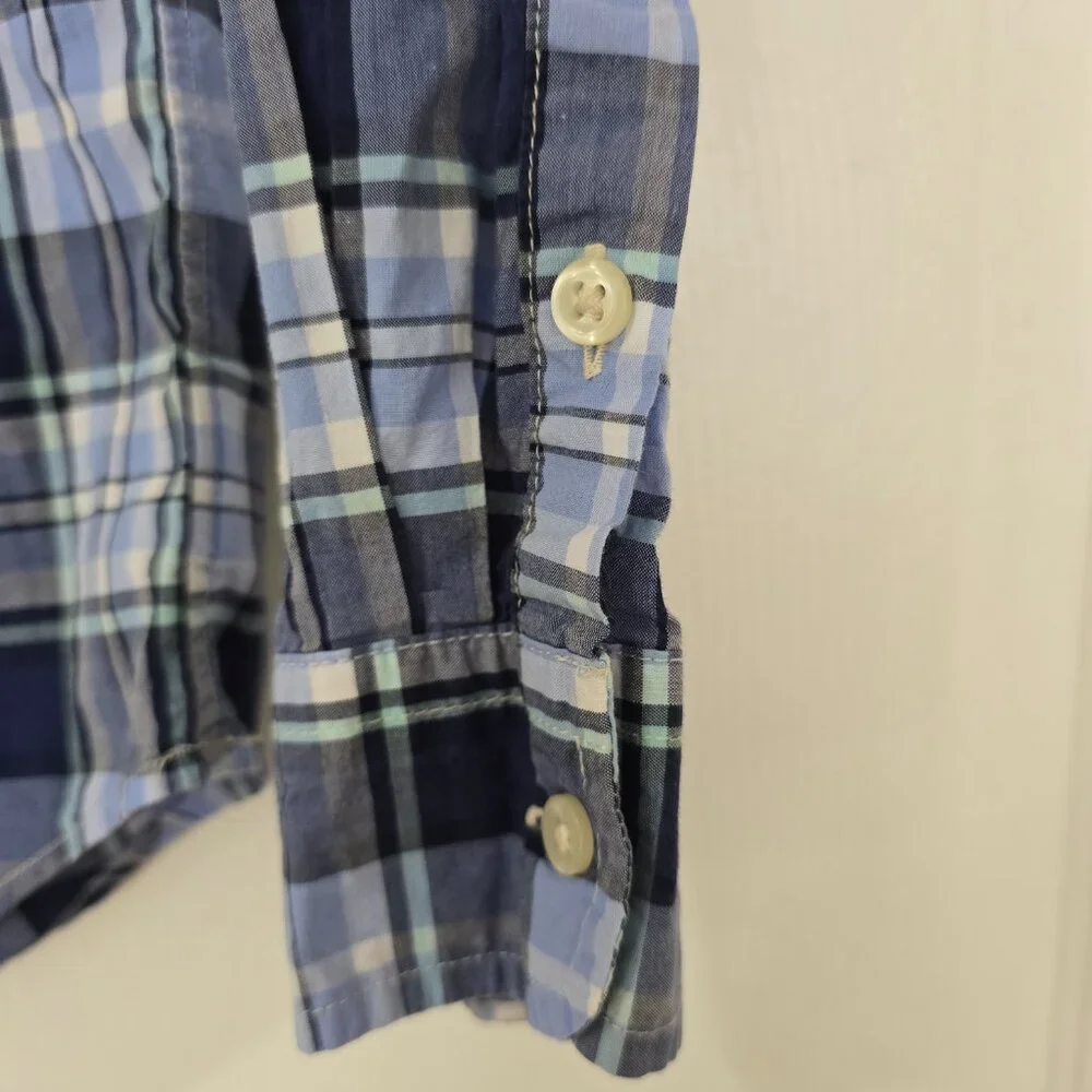Ralph Lauren Boy's Long Sleeve Button Up Shirt Blue Plaid Poly Logo Size 8 Small